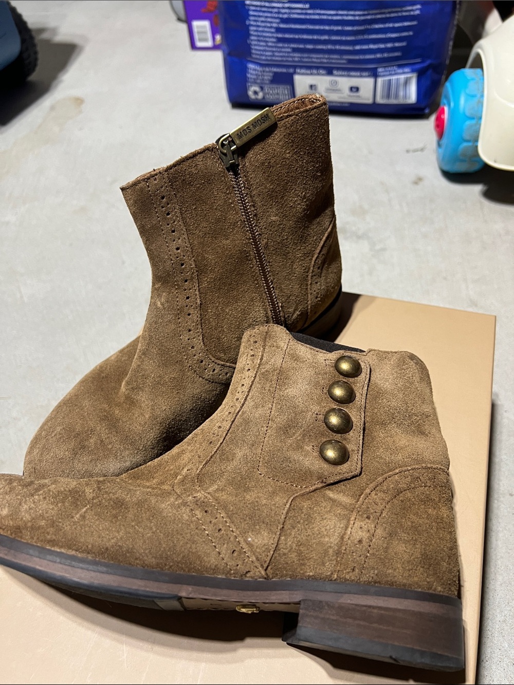 Suede Ankle Booties with Button Accent - Brown